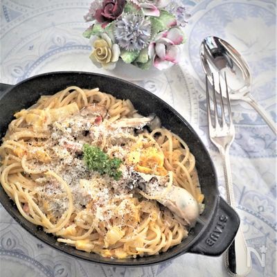 牡蠣と白菜のクリームパスタ