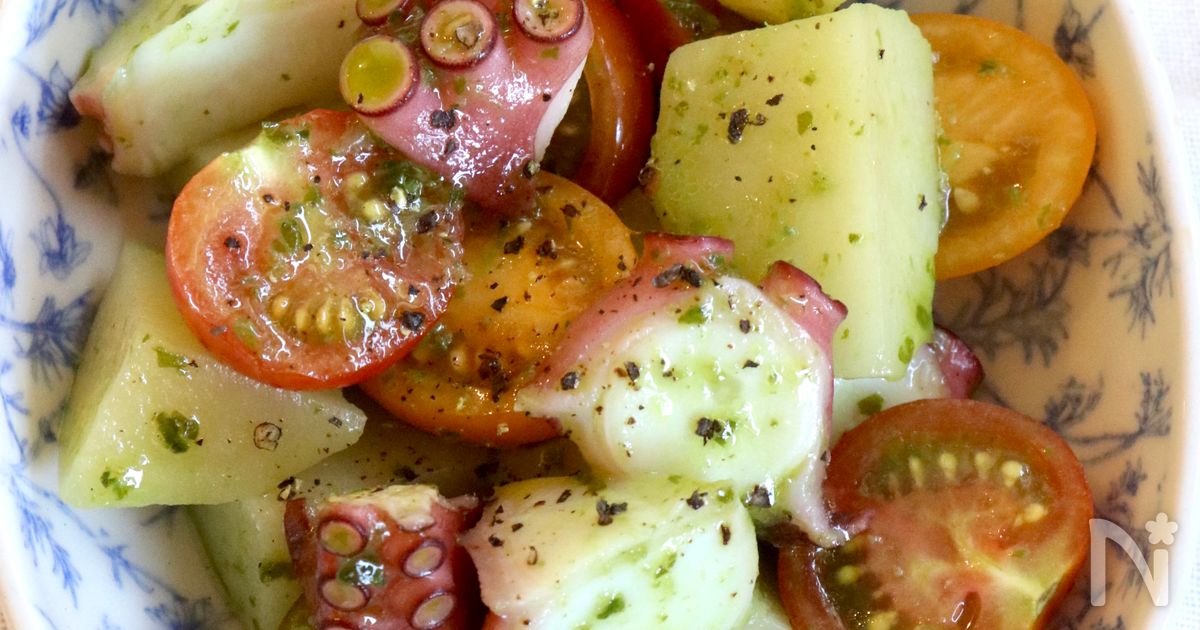 タコとミニトマトとじゃがいものバジルソース