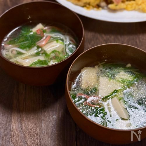 水菜とカニカマの簡単豆腐スープ