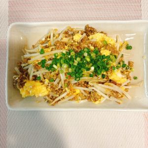 なつみの作ってみた!投稿(シャキシャキもやしと卵の《甘辛♡そぼろ炒め》)