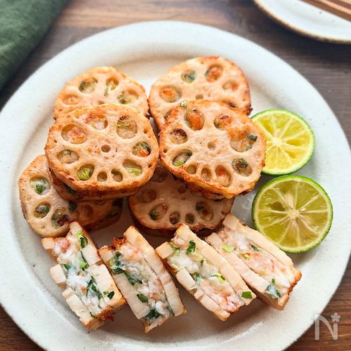 【れんこんのえびはさみ揚げ】シャキぷり食感が美味！