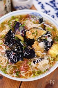 行列のうどんそば🍜なすの揚げびたしの♪ぶっかけそうめん🤩