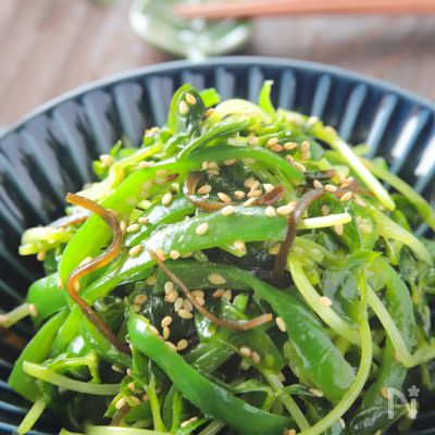 5分で完成!めちゃ旨*ピーマンと豆苗のやみつき塩昆布ナムル