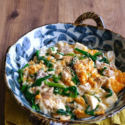 豚こまと豆腐とニラのスタミナとろみ卵炒め