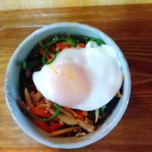 チョロリスの作ってみた!投稿(【細切り野菜とひき肉の青椒肉絲丼】1皿満足レシピ♡)