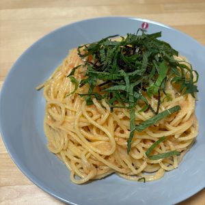 ぴの作ってみた!投稿(明太子と大葉のバター醬油パスタ)