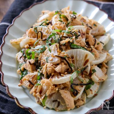 【焼き大根のツナ塩昆布和え】香ばしさが美味しい！
