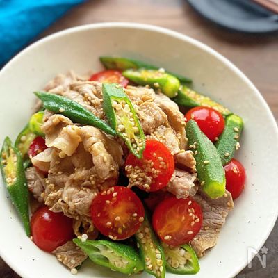 【豚しゃぶとオクラとトマトのピリ辛中華和え】ご飯によく合う！