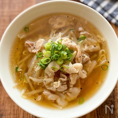 【豚もやしのみそラーメン風スープ】包丁不要!5分で完成♪