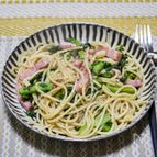菜の花とベーコンのガーリックパスタ