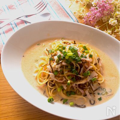 簡単激旨ヘルシーランチ♡ベーコンと塩昆布の豆乳パスタ