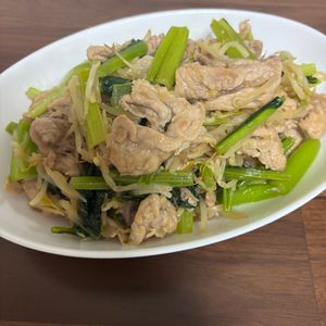 さらの作ってみた!投稿(【豚肉と小松菜ともやしのしょうが醤油炒め】ボリュームおかず!)
