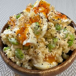 楽ラク手抜キッチン🐶🐾の作ってみた!投稿(半熟卵と枝豆《香ばし焼き明太子♡ポテサラ》)