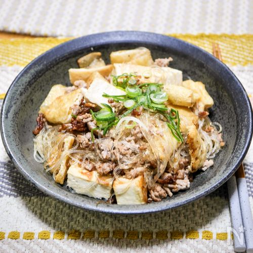 だし醤油で味付け「薄揚げと豆腐のカリカリ春雨炒め」