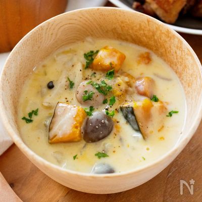 『かぼちゃときのこのクリームスープ』簡単☆ほっこり美味しい♡