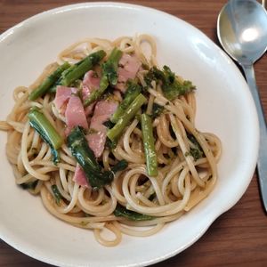 ゆの作ってみた!投稿(菜の花とベーコンのうましょうゆパスタ【#時短#ワンパン】)