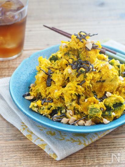 材料4つ。デリ風かぼちゃ塩昆布マヨサラダ【作り置き】