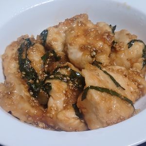 オレンジの作ってみた!投稿(この柔らかさ衝撃的♪鶏むね肉de大葉タレの油淋鶏)