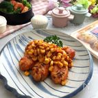 白身魚揚げとコーンのバターケチャップ炒め
