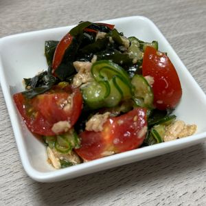 みーこの作ってみた!投稿(トマトときゅうりとわかめの中華サラダ【#切って和えるだけ】)