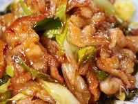 行列の定食屋さんの🍚豚肉とトロねぎの♪おかかポン酢炒め🤩