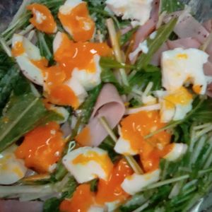 鶏皮坊主の作ってみた!投稿(半熟卵と水菜と生ハムの《シーザーサラダ》)
