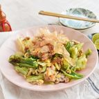 かつおぶしで！うま味だしがジワル♪豚肉と野菜の卵とじ炒め＊