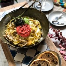 出汁つけでお手軽旨麺！うま出汁キノコと明太子のパスタ
