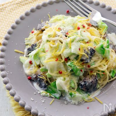 いわし缶とキャベツのレモンクリームスパゲティ