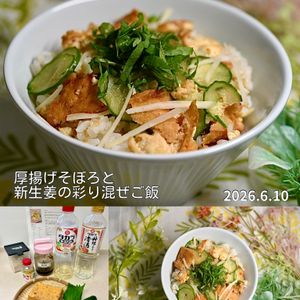 クラ蔵の作ってみた!投稿(厚揚げそぼろと新生姜の彩り混ぜごはん【さっぱり爽やか♪】)