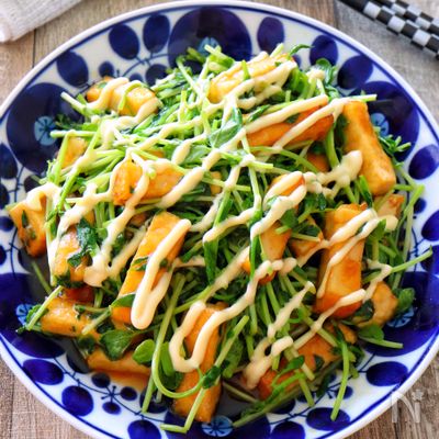 ［厚揚げと豆苗のオイマヨ炒め］簡単作り置き！超節約な一品