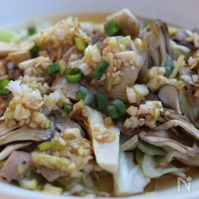 レンジで３分、豚ばら肉と野菜蒸し、ネギゆずポン酢味