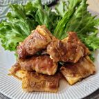 【焼き豆腐の肉巻き】味付け調味料は１つだけ。