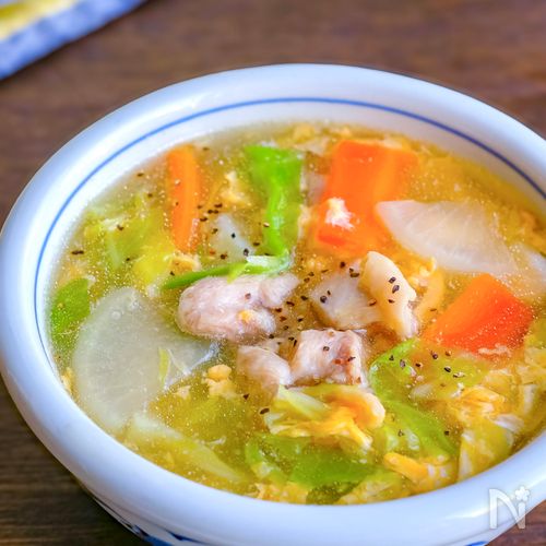 お肉柔らか!お腹に優しい鶏肉と野菜と卵のとろみスープ