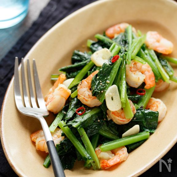 小松菜とむきエビのペペロン炒め【#簡単#スピードおかず】