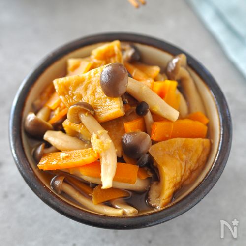 レンジにお任せ！【しめじとひら天の甘辛しょうが煮】