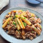 【豚肉と長芋のバタポン柚子胡椒炒め】ピリッとあと引く美味しさ