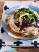 レンジで簡単♪『豚しゃぶと蒸しなすのぶっかけ冷やしうどん』