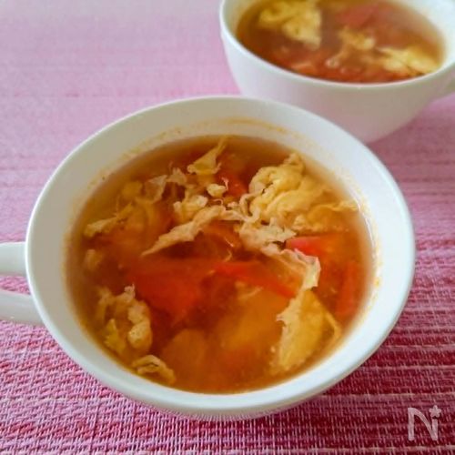 【トマトのコンソメ卵スープ】残った卵液の活用。