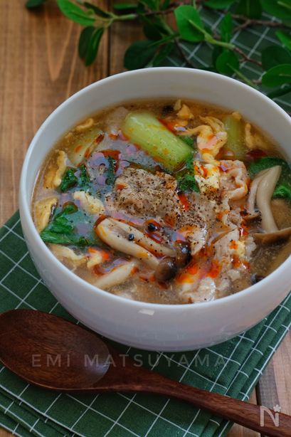 ＊青梗菜と豚こまの酸辣湯風スープ＊