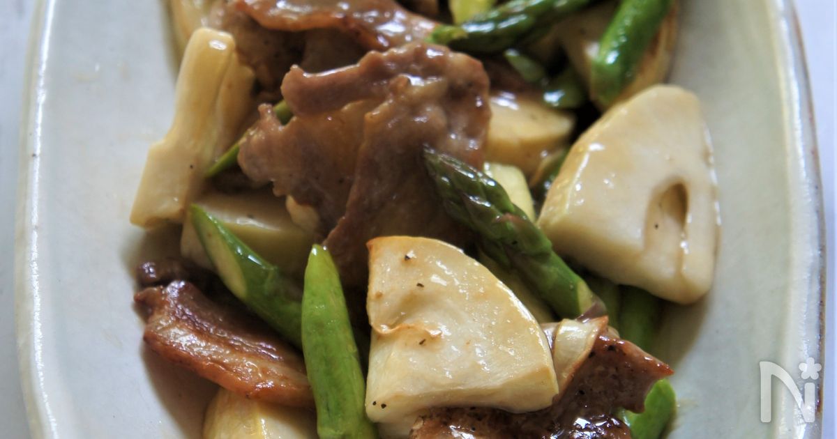 豚肉と筍とアスパラの酢と昆布白だしのサッパリうま煮