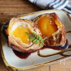 肉巻き半熟たまごのてり焼き