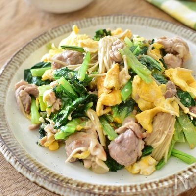 [豚こまと小松菜の腸活ふわ玉炒め]味の決め手は塩こうじ♪