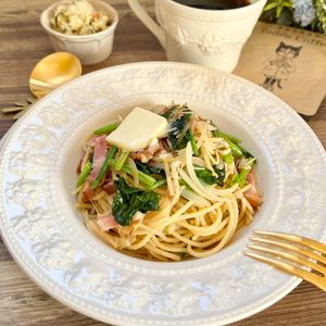 のりのり🐾🎀🤍の作ってみた!投稿(ほうれん草としめじのバタぽんパスタ)