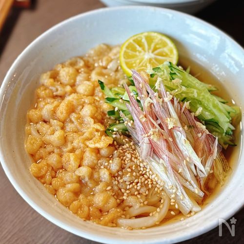【夏野菜の冷やしたぬきうどん】火を使わず簡単！爽やかな一杯♪