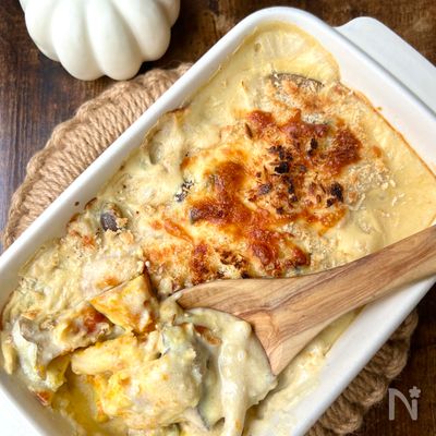 豆乳と米粉で簡単!【さつまいもとカボチャときのこのグラタン】