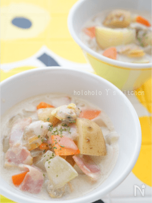 新じゃがの豆乳クラムチャウダー