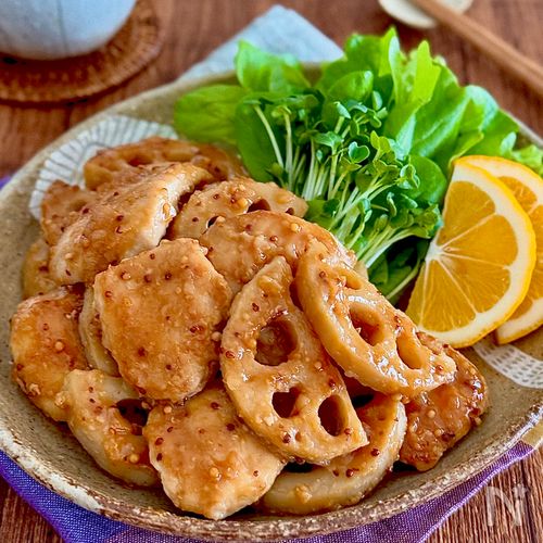 鶏むね肉とれんこんのハニーマスタードソテー