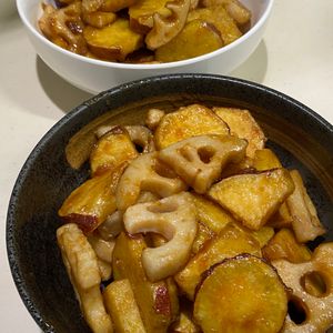 705の作ってみた!投稿(【さつまいもと蓮根の甘辛バター】てりっと甘い♡シャキほく♬︎)