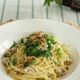 挽き肉とわさび菜のパスタ　ゆず胡椒風味